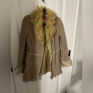Faux suede and fur mid length coat